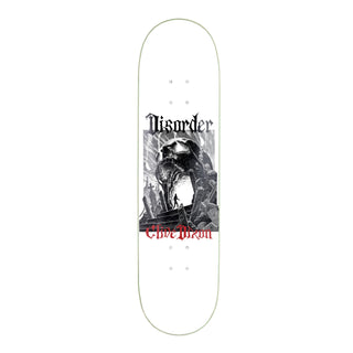 Disorder 8.5" Six Feet Deep Clive Dixon pro deck with limited heat transfer graphic and mixed color top veneer.