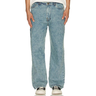 Critical Slide Peaty 5 Pocket Pant Washed Blue in 100% cotton with zip fly, button closure, and washed finish.