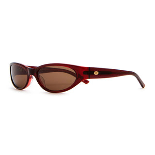 Crap Eyewear Mini Funk Sunglasses in Crystal Black Cherry Bio/Desert — undersized wraparound, bioacetate frames, CR-39 lenses, 100% UV protection, 5 barrel hinges