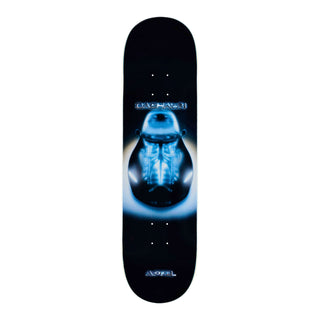 “April Dashawn Jordan Cage 8.38-inch skateboard deck with a glowing blue rib cage graphic on black and Dashawn and April lettering.”