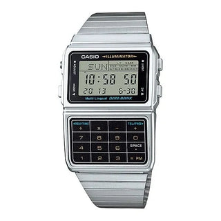 Silver Casio DBC611-1VT watch featuring a calculator, databank, and silver band.