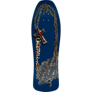 “Powell Peralta Ray Underhill Cross Reissue skateboard deck in navy with gold chain and cross graphics and gold Underhill lettering.”