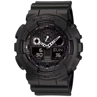 Front view of the black G-SHOCK GA100-1A1 watch with white hands, analog-digital displays, and a black band