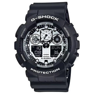 G-SHOCK GA100BW-1A Analog-Digital Watch, black with white accents.