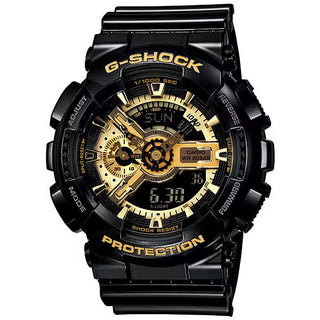 Front view of the G-SHOCK GA110GB-1A with a glossy black case and band, gold-tone layered dial, and digital displays
