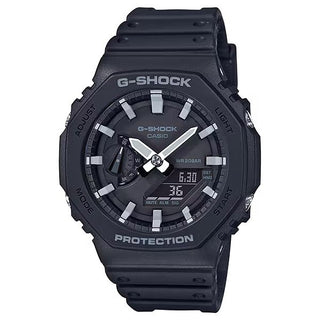 Front view of the black G-SHOCK GA2100-1A watch with an octagonal bezel, gray hands and indices, and an analog-digital dial
