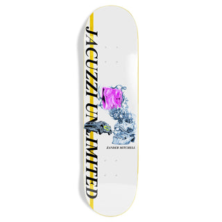 Jacuzzi Unlimited Zander Mitchell Race Car Skateboard Deck 8.5 inches, Epoxy 7 construction 7-ply 100% North American Maple with epoxy glue, mellow concave steep kick, split top color veneers individually pressed, 32.2 inch length 14.25 inch wheelbase, stronger than industry standard 7-ply