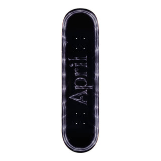 “April OG Logo Night 8-inch skateboard deck with a silver April logo and sparkling silver border on a black background.”