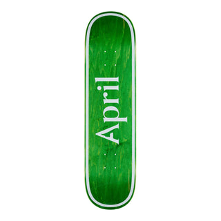 “April Twin OG Logo Green 8.5-inch skateboard deck with visible green wood grain, a large white April logo, and a white border.”