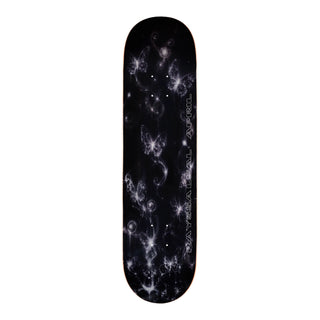 April Rayssa Leal Night 8-inch skateboard deck with glowing butterfly and swirling light graphics on black, plus vertical Rayssa Leal and April lettering.”