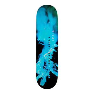 “April Shane O’Neill Blue Flow 8.5-inch skateboard deck with turquoise water graphics over a black background and vertical Shane O’Neill branding.”