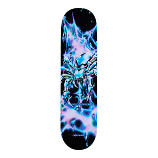 “April Mini Shane O’Neill Sharp skateboard deck featuring a metallic spider and blue, purple, and turquoise web-like graphics on black.”
