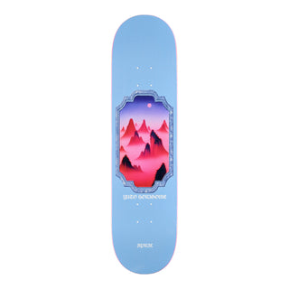 “April Yuto Horigome Misty 8.0-inch skateboard deck with a light blue background and framed pink mountain landscape graphic.”