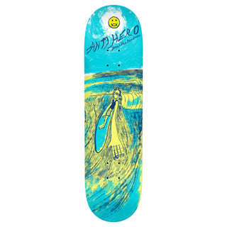 Antihero Daan Expressions 8.28 skateboard deck with colorful Bongo Hand Sun artwork and turquoise veneer.