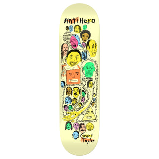 Antihero Grant Expressions 8.5 skateboard deck featuring colorful Bongo Hand Sun artwork on natural veneer.