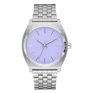 Nixon Time Teller Silver/Lavender analog watch with stainless steel bracelet and soft lavender dial.