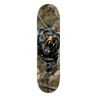 “Zero x Realtree David Reyes Bear skateboard deck featuring a roaring black bear over a woodland camouflage background.”
