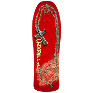 “Powell Peralta Ray Underhill Cross Reissue skateboard deck in burgundy with gold chain and cross graphics and gold Underhill lettering.”