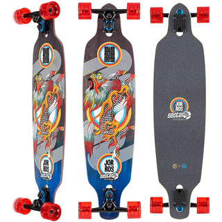“Sector 9 Kirin Fractal complete longboard showing colorful Kirin artwork, red wheels, black trucks, and black grip tape.”
