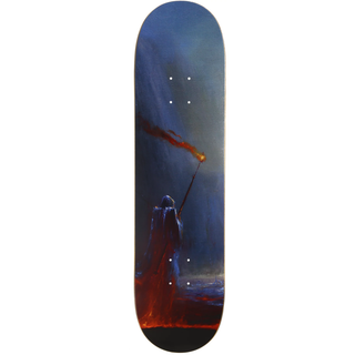 “Zero Reyes Lewandowski 3 Har-Meggon skateboard deck featuring a dark cloaked figure holding a flaming staff against a blue-gray background.”