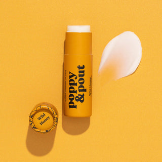 Poppy & Pout Wild Honey Lip Balm, natural, eco-friendly, honey and orange essence, yellow tube.