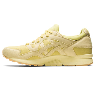 A pair of Matcha green and beige ASICS Gel-Lyte V sneakers with a suede and canvas upper, lace-up closure, and ASICS branding on the tongue and heel.