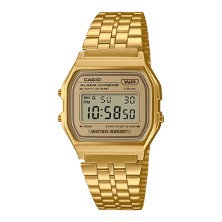 Casio A158WETG-9A gold-tone stainless steel digital watch with stopwatch, alarm, and auto calendar