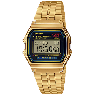 Casio A159WGEA-1 watch with black and gold stainless steel band and digital display