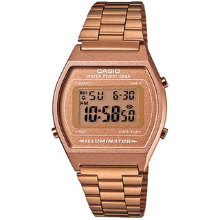Casio B640WC-5AVT watch with a warm copper color coating, digital display showing the time, date, stopwatch, countdown timer, and multiple alarms, LED backlight, stainless steel case and band, and water-resistant up to 50 meters
