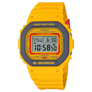 Yellow G-SHOCK DW5610Y-9 digital watch, '90s sport series, shock resistant, 200m water resistance.