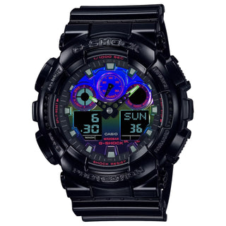 G-SHOCK GA100RGB-1A watch with glossy black bezel, multicolored face, and LED light.