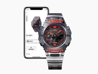 Black and red G-SHOCK GAB001G-1A watch with Bluetooth, shock resistant, water resistant, and smartphone link features.
