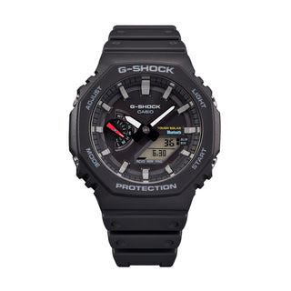 GAB2100-1A G-SHOCK watch with sleek black case and band, carbon core guard structure, Bluetooth connectivity, world time, stopwatch, and countdown timer. Shock resistant and water-resistant up to 200 meters. Elevate your style and functionality today