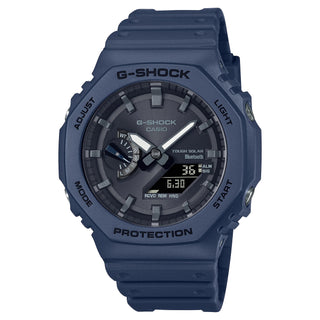 G-SHOCK GAB2100-2A navy watch, analog-digital display, Bluetooth, world time, shock and water-resistant.