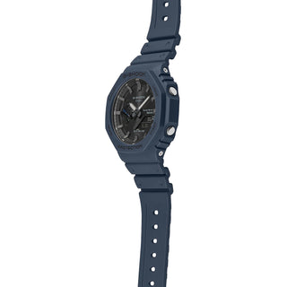 G-SHOCK GAB2100-2A navy watch, analog-digital display, Bluetooth, world time, shock and water-resistant.
