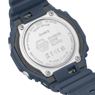 GAB2100-2A G-SHOCK watch in blue with carbon core guard structure, Bluetooth connectivity, world time, stopwatch, and countdown timer.