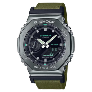 The Casio G-Shock GM-2100CB-3A watch in green camouflage pattern, featuring shock-resistant construction, 200m water resistance, world time, 4 daily alarms, 1/100 second stopwatch, countdown timer, full auto-calendar, and Super Illuminator LED light.