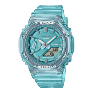 Teal G-SHOCK GMAS2100SK-2A watch, analog-digital, clear metallic finish, shock resistant, 200m water resistance.