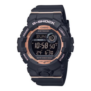 Black Casio G-Shock watch with resin band and Bluetooth connectivity. Features include multi-function alarm, stopwatch, countdown timer, and step tracker. Water-resistant up to 200 meters. Perfect for the stylish and active individual.
