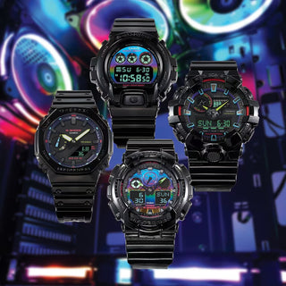 Introducing the GA-2100RGB-1A G-SHOCK watch, combining cyber tech style with ultimate toughness. The glossy black case and band are complemented by a bold rainbow-colored dial, while key tech features include shock resistance, 200-meter water resistance, carbon core guard structure, super illuminator LED light, world time, stopwatch, countdown timer, alarms, and full auto-calendar. Make a statement with this stylish and durable watch today.