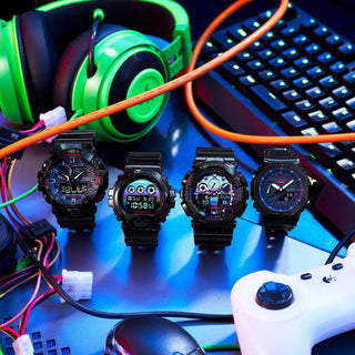 Introducing the GA-2100RGB-1A G-SHOCK watch, combining cyber tech style with ultimate toughness. The glossy black case and band are complemented by a bold rainbow-colored dial, while key tech features include shock resistance, 200-meter water resistance, carbon core guard structure, super illuminator LED light, world time, stopwatch, countdown timer, alarms, and full auto-calendar. Make a statement with this stylish and durable watch today.