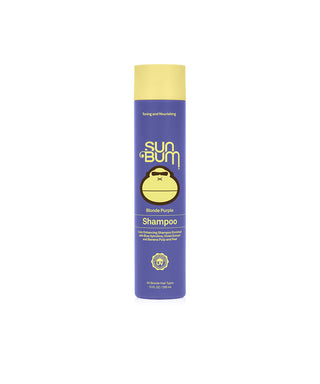 Sun Bum Blonde Purple Shampoo bottle, enriched with Blue Spirulina, Violet extracts, and Banana for toned, hydrated hair.