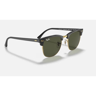 Ray-Ban Clubmaster Classic Sunglasses RB3016 in Polished Black On Gold with G-15 Green lenses, square browline acetate frame with Black On Gold temples, 51mm lens width, 43.9mm lens height, 145mm temple length, iconic browline design