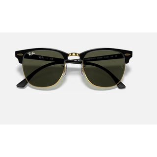 Ray-Ban Clubmaster Classic Sunglasses RB3016 in Polished Black On Gold with G-15 Green lenses, square browline acetate frame with Black On Gold temples, 51mm lens width, 43.9mm lens height, 145mm temple length, iconic browline design