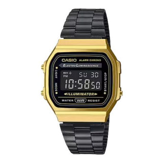 Black and gold Casio A168WEGB-1B watch with retro style digital display, stopwatch, alarm, and adjustable metal band