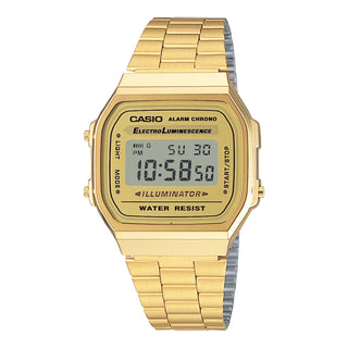 Casio Vintage A168WG-9VT gold watch with EL backlight, stopwatch, and water resistance.