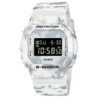 G-SHOCK DW5600GC-7 watch with snow camouflage pattern, shock resistant, 200m water resistance.