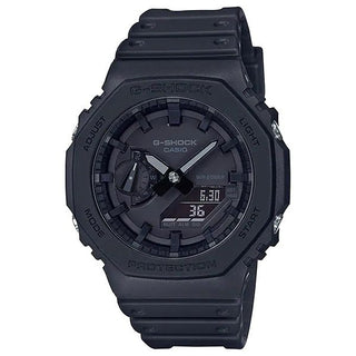 G-SHOCK GA2100-1A1 watch, black, octagonal, carbon fiber case, dual LED, analog-digital display.