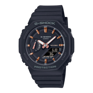 G-SHOCK GMAS2100-1A watch with matte black finish, metallic indices, octagonal design.