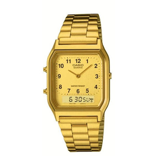 Casio AQ-230GA-9BVT digital watch with gold-tone stainless steel band and case, LED light, multi-function alarm, stopwatch, countdown timer, and auto-calendar.
